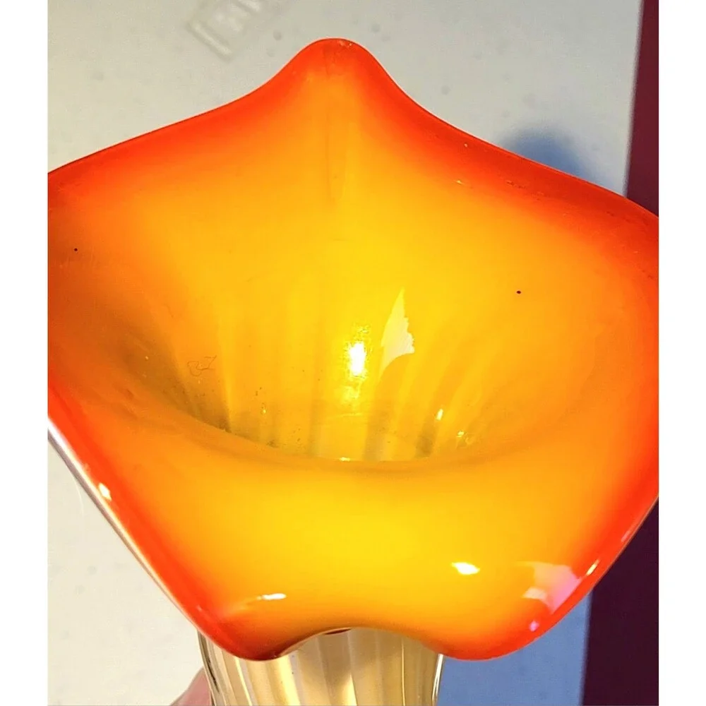Mid Century Murano Style Blown Glass Art Vase Orange Yellow Jack In The Pulpit